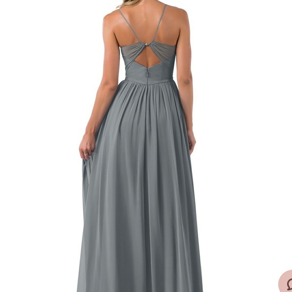 Azazie Cora Steel Gray, A-Line, V-Neck, Spaghetti Straps Floor Length Gown - Picture 3 of 5